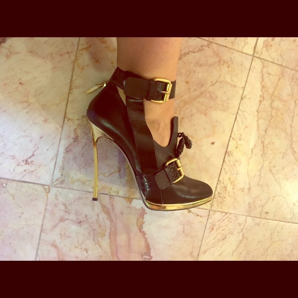 Casadei x Prabal Gurung black and gold heels